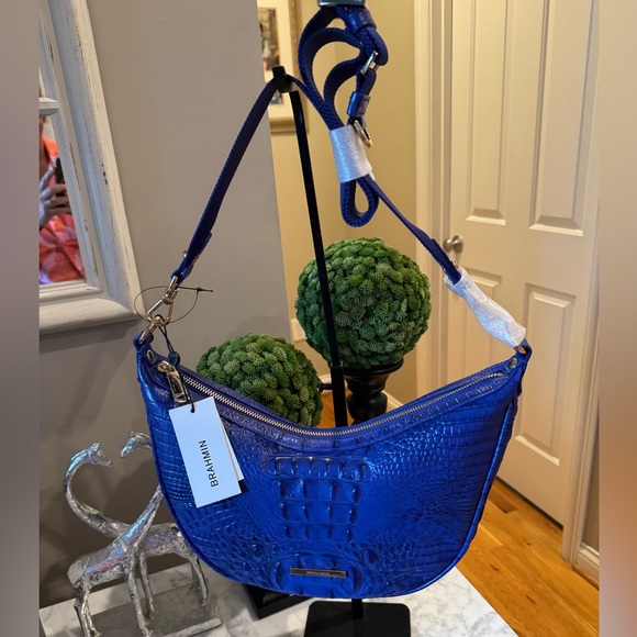 Brahmin - NWT Percy Croc Embossed Crescent Bag Leather/Royal Blue $265 Retail - Picture 1 of 7